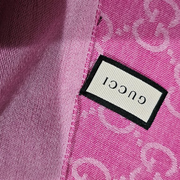 GUCCI Pink Jacquard Logo GG Wool Silk Scarf - Picture 12 of 14